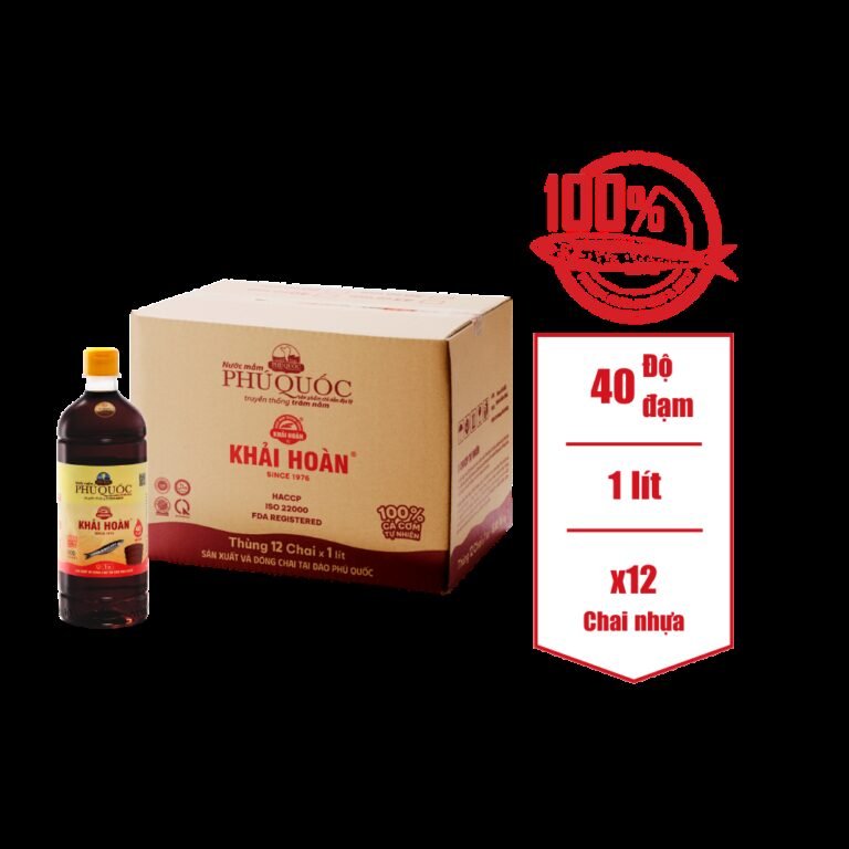 THÙNG 12 CHAI 1 LÍT NƯỚC MẮM KHẢI HOÀN 40 ĐẠM